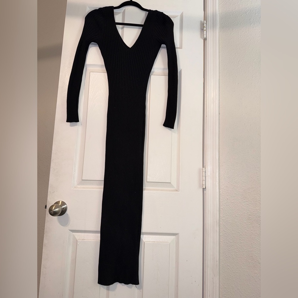 Fashion Nova Off-Shoulder Black Long Sleeve V-Neck Bodycon Sweater Ribbed Dress